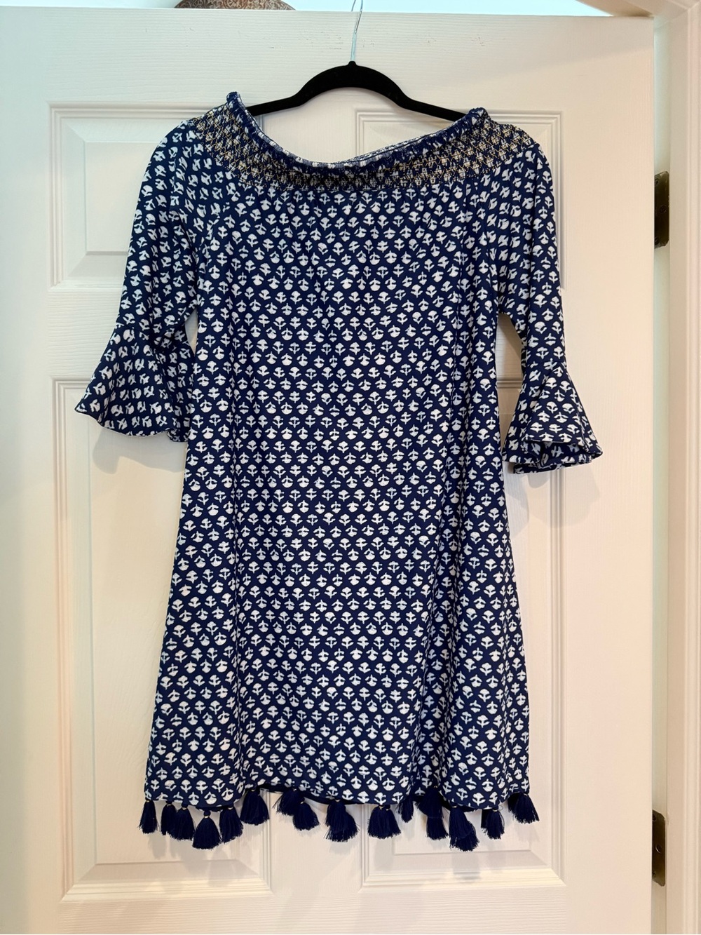 Cabana Life Navy and White Off-Shoulder Tassel Hem Midi Dress